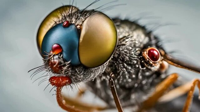 The tiny world surrounding a fly is mirrored in a water droplet resting on its eye, showcasing a microscale view
