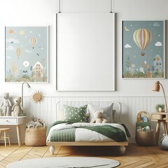 bedRoom with a mockup poster empty white and sets have mockup poster empty white have mockup poster empty white with a bed and two pictures on the wall used for printing card design harmony.