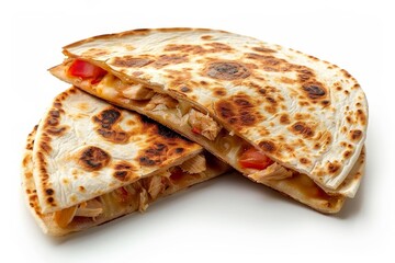The golden and crispy chicken quesadilla, seen from a top angle view, is isolated on a white background
