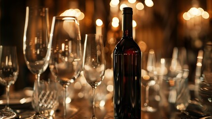 A vintage wine bottle surrounded by antique wine glasses, showcasing a timeless elegance in a dimly lit room.