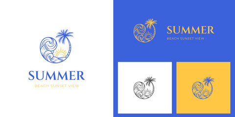 Wave beach and palm tree logo illustration linear style for summer vibes logo symbol, travel or adventure outdoor logo template