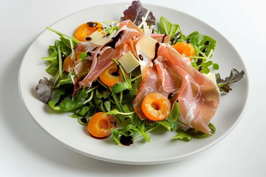 Tasty Baby Greens with Saut&eacute;ed Apricots, Prosciutto, and Kassari Cheese