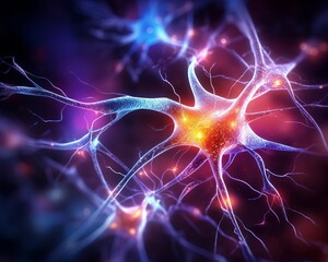 The image is a 3D illustration of a neuron