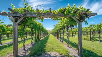 A wooden grapevine trellis in a vineyard, with vines trained in neat rows, showcasing the...