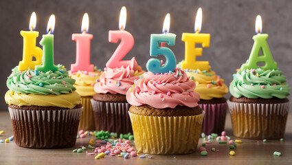 There are five cupcakes with lit candles on a table. 