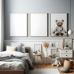bedRoom with a mockup poster empty white and sets have mockup poster empty white have mockup poster empty white with a bed and a teddy bear lively used for printing art.