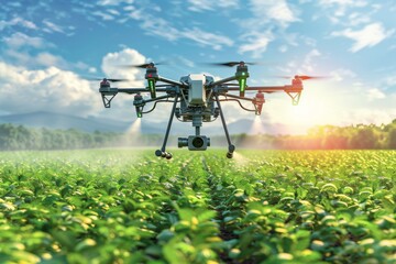 Naklejka premium Sustainable smart crop farming with unmanned drones for viticulture evaluation, aerial precision vine spraying, health monitoring, and agritech vineyard management.