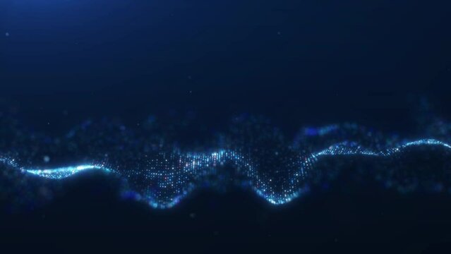Abstract digital technology concept with a wave pattern of glowing dots against a deep blue background. Network connectivity and data flow.