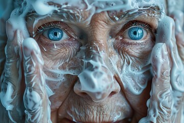 Elderly person with soap lather on face in vibrant detail.