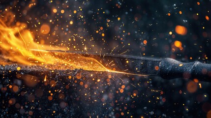 A blacksmith is forging a sword, creating sparks and flames as fiery molten metal is manipulated