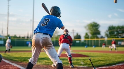 Bat, baseball, and person swing at ball on a pitch for sports, performance, and competition. Behind a field or stadium athlete or softball team prepares for a game, training, or workout challenge.