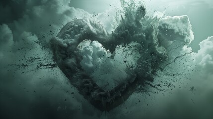 An abstract representation of a heart-shaped cloud breaking apart, conveying the emotional storm of a broken heart.
