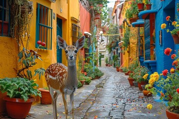 Young deer in a colorful alley with vibrant plants and flowers.
