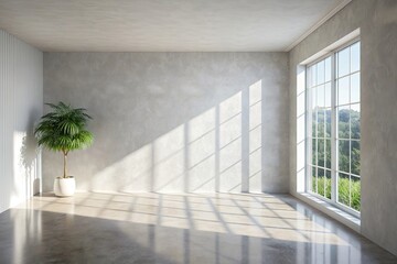 Obraz premium Realistic and minimalist blurred natural light windows, shadow overlay on wall paper texture, abstract background. Minimal abstract light white background for product presentation.