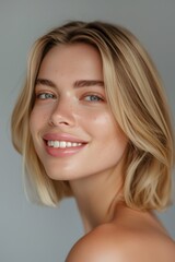 Naklejka premium Woman with cosmetics, smile, and organic facial on grey studio background. Lady, cosmetics, and soft, smooth, clear skin for confidence, face detox, and natural beauty.