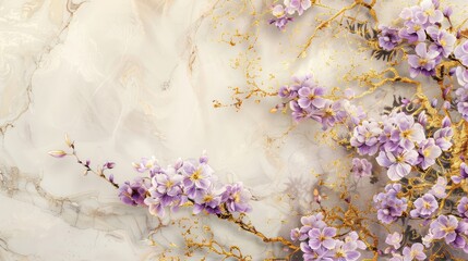 
Illustration with acrylic paints interspersed with marble textures, lilac flowers on golden twigs with golden leaves, beige gradient background