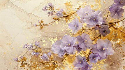 
Illustration with acrylic paints interspersed with marble textures, lilac flowers on golden twigs with golden leaves, beige gradient background