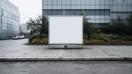 Urban billboard mockup mounted on a concrete wall in a city environment. A large, blank billboard in the middle of a city square. The billboard has a black metal frame. Advertisement concept. AIG35.