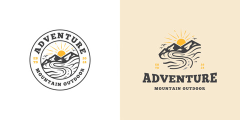 mountain landscape with rocks at sunrise, Sea and Sun for Hipster Adventure Traveling logo can be used biker cross