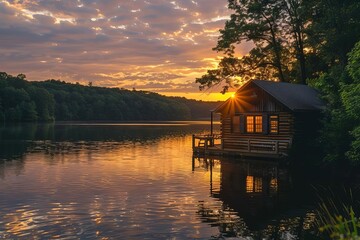 Fototapeta premium cabin lake lakeside serene tranquil peaceful nature sunset golden hour warm atmospheric cozy reflection getaway escape solitude 