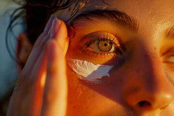 Close Up of Person Applying Skincare Cream to Face at Sunset for Radiant Skin