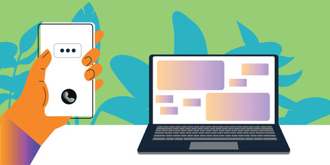 Technology abstract background. Work online, freelancing, education. Cartoon style. Vector illustration