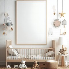 A baby Room with a mockup poster empty white and with a crib and a poster lively has illustrative.