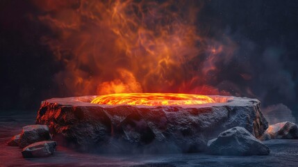 Naklejka premium Fire lava podium rock volcano background product magma display 3d scene stone floor. Platform lava podium mountain fire smoke stage hot outdoor ground geometric isolated blast abstract texture meteor