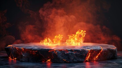 Fire lava podium rock volcano background product magma display 3d scene stone floor. Platform lava...