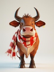 Bring a fresh perspective to the traditional image of an ox in a Christmas scarf by creating a photorealistic CG 3D rendering in a wide-angle view Ensure utmost attention to detail