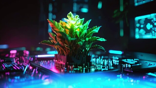 An AI-generated video showcasing a tree growing at the convergence of a computer circuit board, symbolizing the integration of green computing, technology, IT, CSR, and IT ethics, portraying the conce