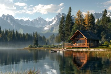 cabin lake mountains nature landscape retreat serene peaceful cozy rustic wooden isolated tranquil scenic trees water reflection waterfront 3d illustration 