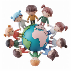 3d render boys and girls of different races holding hands around the Earth, cut out, isolated on white background. Friendship and international relationships concept.