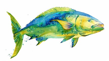 Bring the depths of the ocean to life with a whimsical watercolor illustration of a magnificent mahi-mahi