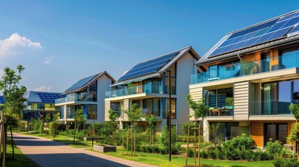 Obraz premium An eco-friendly residential area showcasing modern architecture and integrated solar energy systems, with clear skies providing a canvas for adding text or graphics focusing on community resilience