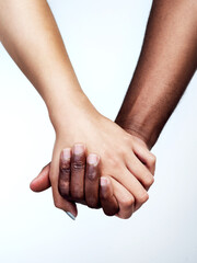 People, holding hands for solidarity support on studio white background for comfort, kindness or...