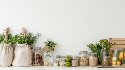 A minimalist, zero-waste grocery shopping setup with cloth bags, glass jars filled with bulk goods, and fresh produce, with ample blank space above for text or graphics