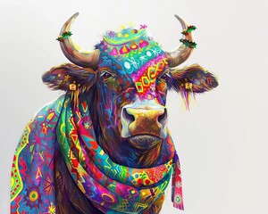 The essence of holiday cheer with a wide-angle digital illustration of an adorable ox sporting a vibrant Christmas scarf