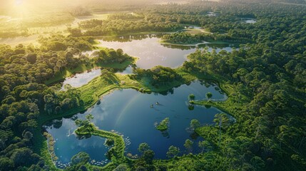 A bird's eye view of a sprawling national park with diverse ecosystems and wildlife habitats, providing ample space for highlighting eco-tourism opportunities and conservation projects