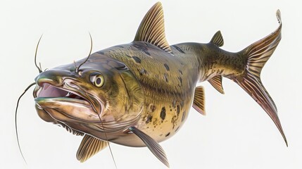 Capture the serene beauty of a catfish from a unique perspective Create a detailed watercolor clipart with a worms-eye view angle