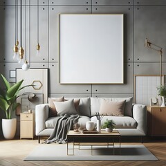 A living Room with a mockup poster empty white and with a couch and a coffee table art card design art harmony attractive.