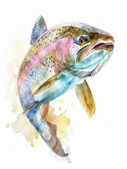 a captivating watercolor clipart featuring a frontal view of a rainbow trout against a crisp white background Dive into the world of aquatic artistry