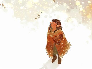 A young girl looks up at the sky in wonder as snowflakes fall around her