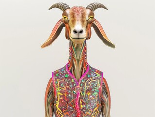 Craft a digital CG 3D image showcasing the back of a whimsical goat adorned in a shimmering holiday vest Ensure the white background enhances the vivid colors and textures of the v