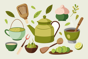 Green tea icon set
