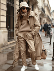 Obraz premium A stylish woman effortlessly blends urban chic and comfort in a monochrome beige ensemble, featuring an oversized coat, turtleneck sweater, wide-leg pants, and white sneakers
