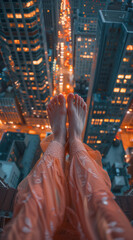 boots dangle over the edge, offering a breathtaking night-time view of the urban skyline