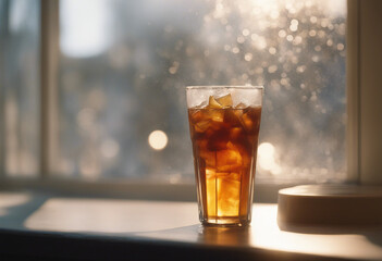 A frosted glass of iced tea on a sunlit windowsill

