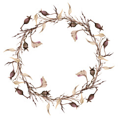 Hand drawn watercolor illustration shabby boho botanical flowers autumn leaves tendrils vine rose hip branches twigs. Wreath frame isolated on white background. Design wedding, floral shop, gift cards