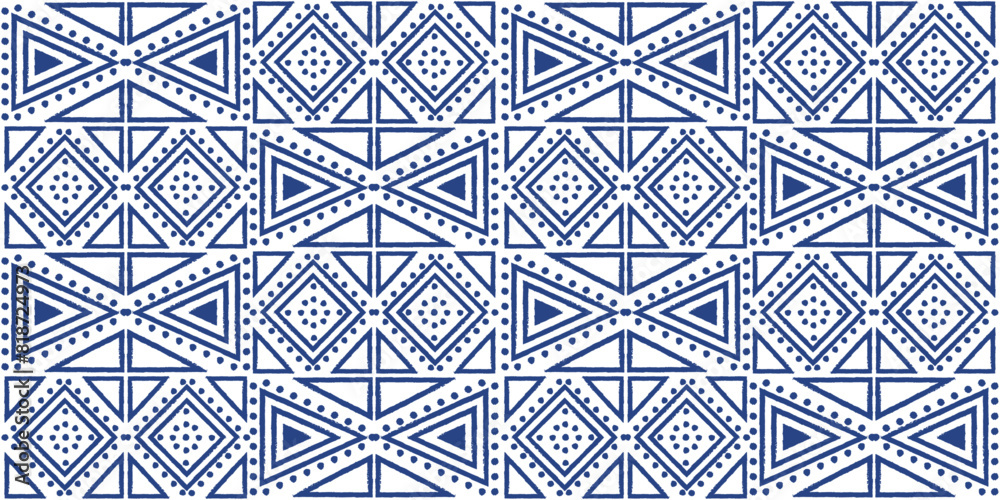 Poster patterned geometric ornament made of repeating shapes. blue triangles and rhombuses, ethnic pattern.